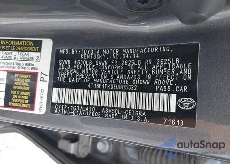 2014 Toyota Camry Xle z USA, uszkodzony, nr VIN 4T1BF1FK0EU805532